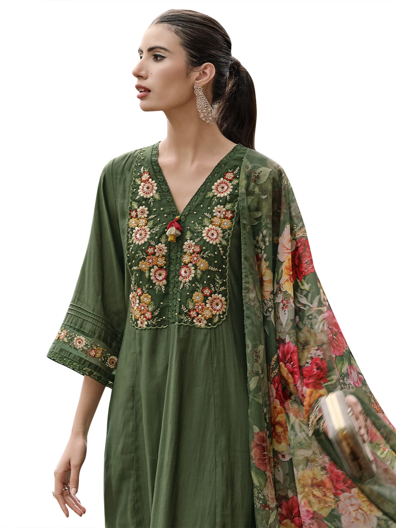 Royal Ethnic Womens Silk Blend Embroidered A Line Kurta Pant with Dupatta Set Stylish Festive Designer Party Wear Outfit - Royal Ethnic
