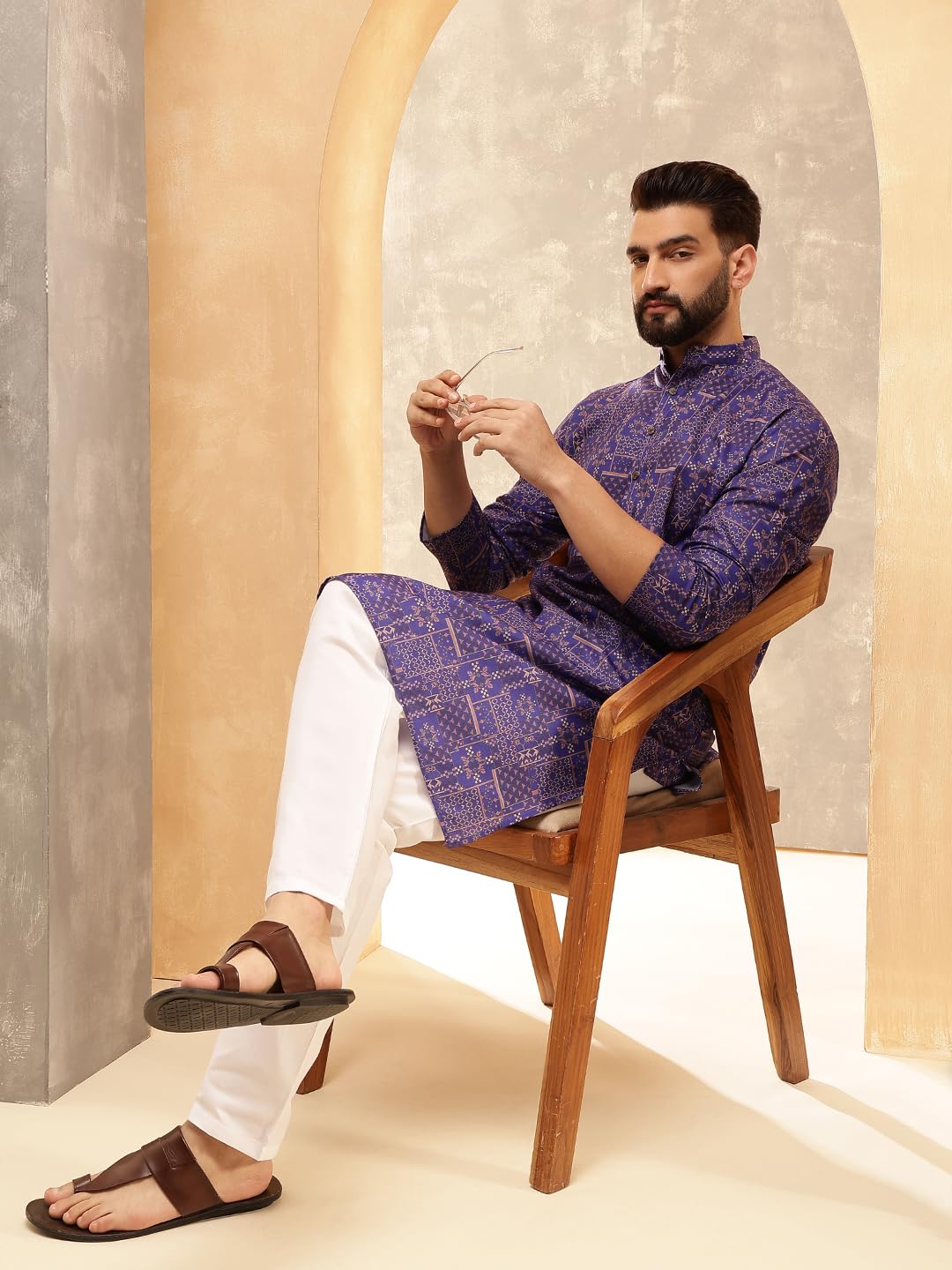 Royal Ethnic | Men's Silk Blend South Indian Shirt | Half Sleeves | Traditional Fit | Festive, Wedding & Casual Wear - Royal Ethnic