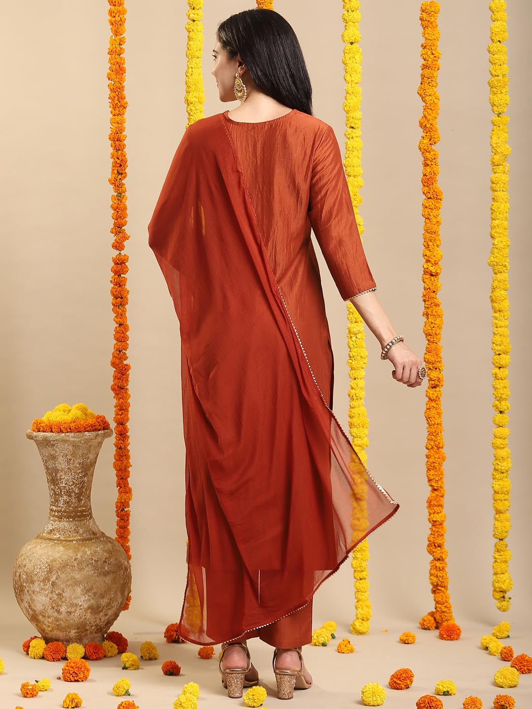GoSriKi Women's Rayon Viscose Embroidered Straight Kurta with Pant & Dupatta