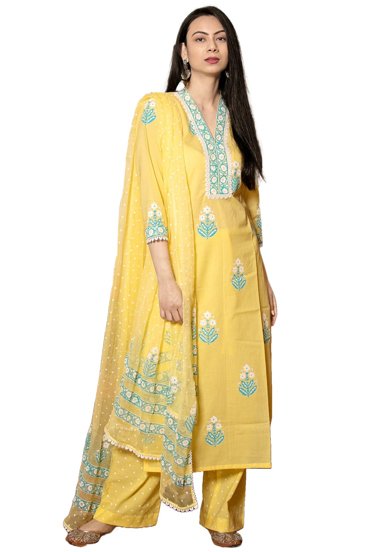 GoSriKi Women's Cotton Blend Straight Hand Block Printed Kurta with Pant & Dupatta