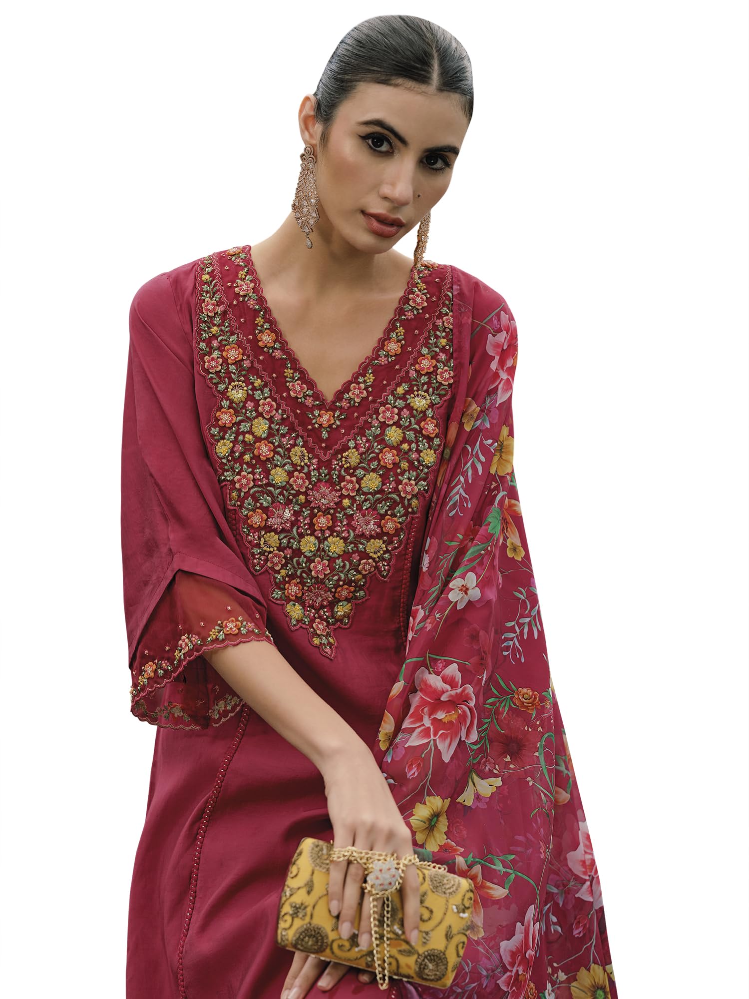 Royal Ethnic Womens Silk Blend Embroidered A Line Kurta Pant with Dupatta Set Stylish Festive Designer Party Wear Outfit - Royal Ethnic