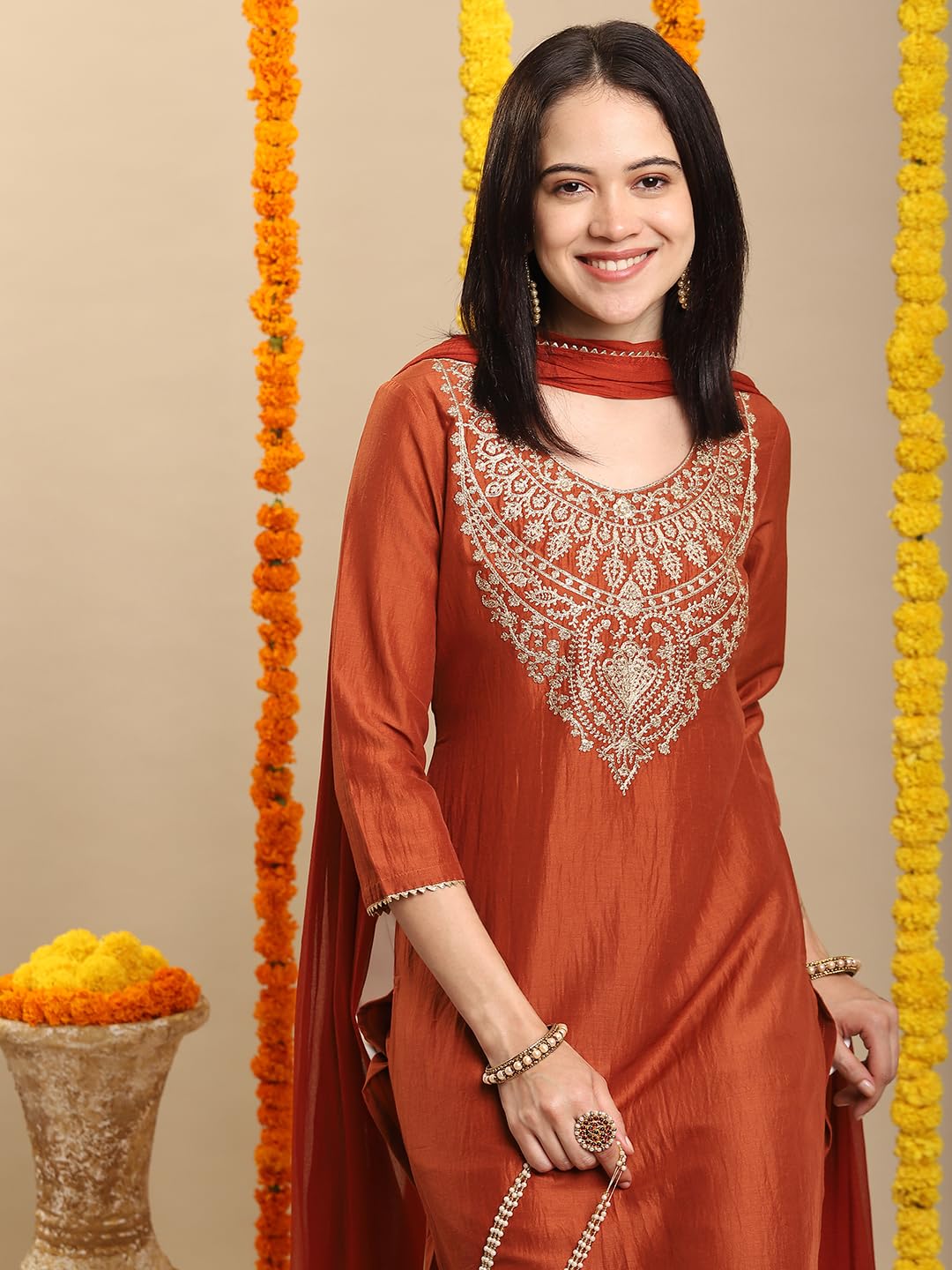 GoSriKi Women's Rayon Viscose Embroidered Straight Kurta with Pant & Dupatta