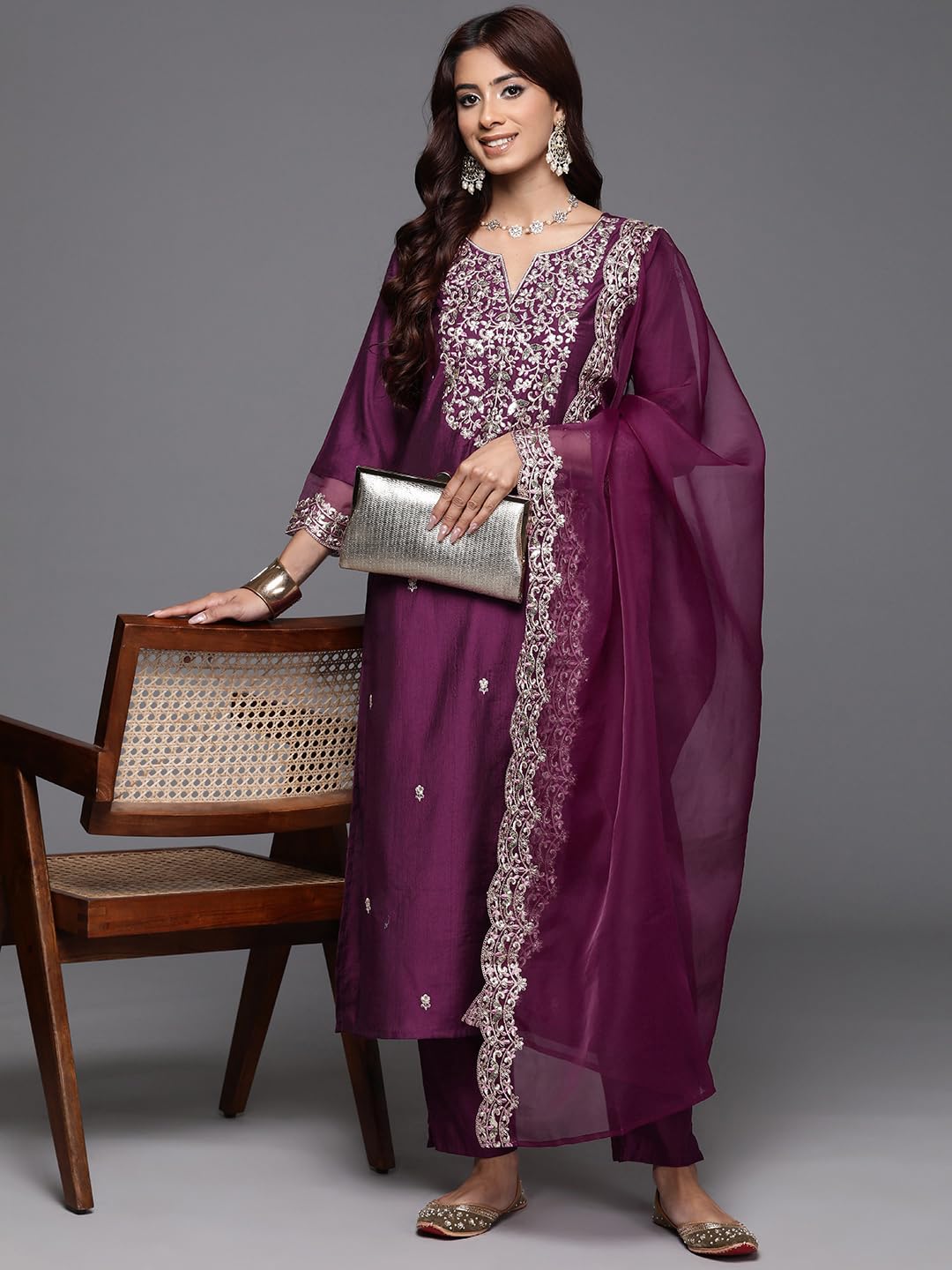 Royal Ethnic | Women's Viscose Embroidered Kurta Pant Dupatta Set | Straight Fit | 3/4 Sleeves | Festive & Elegant Wear - Royal Ethnic