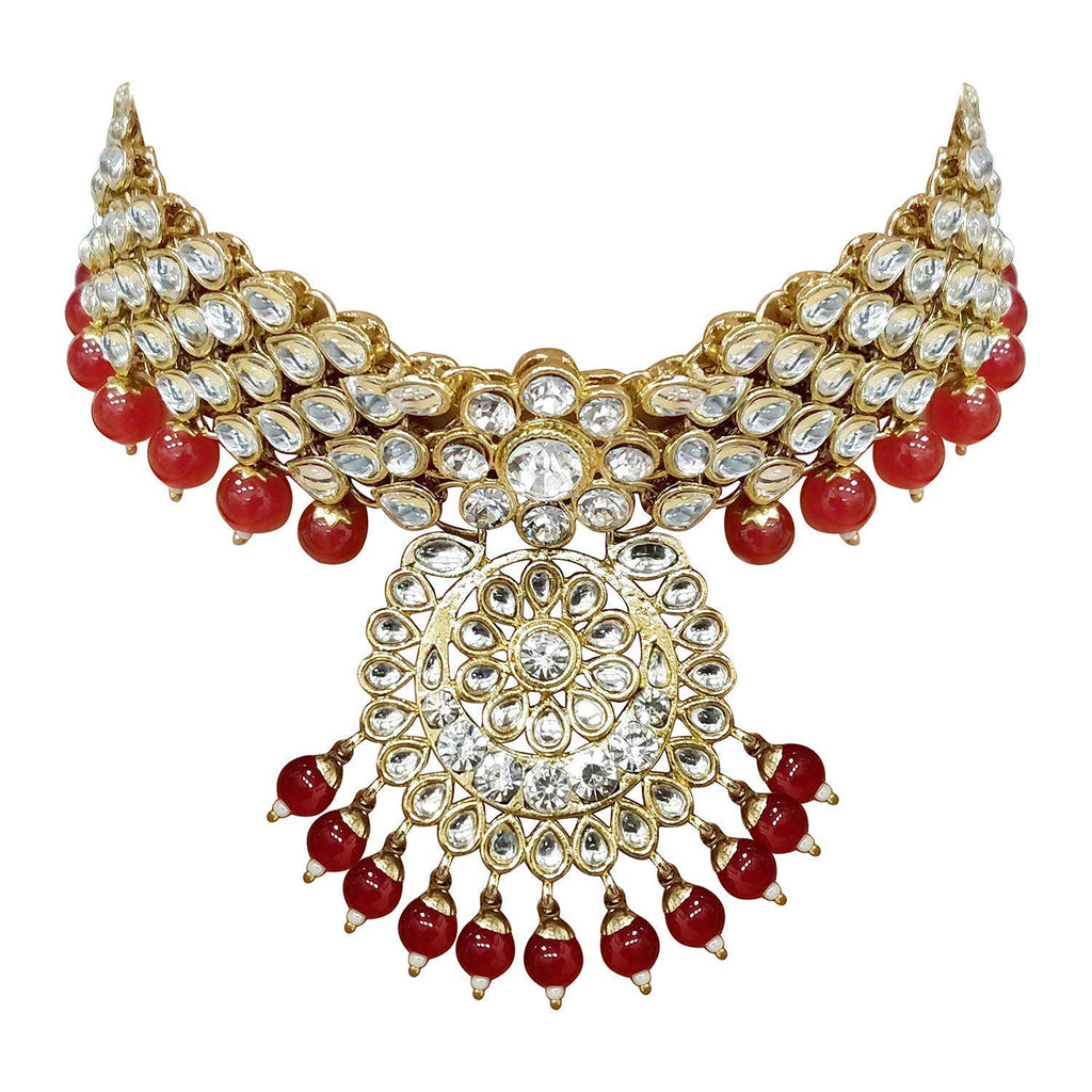 Royal Ethnic Traditional 18K Gold Plated Kundan & Pearl Studded Bridal Choker Necklace Set with Earrings & Maang Tikka - Royal Ethnic