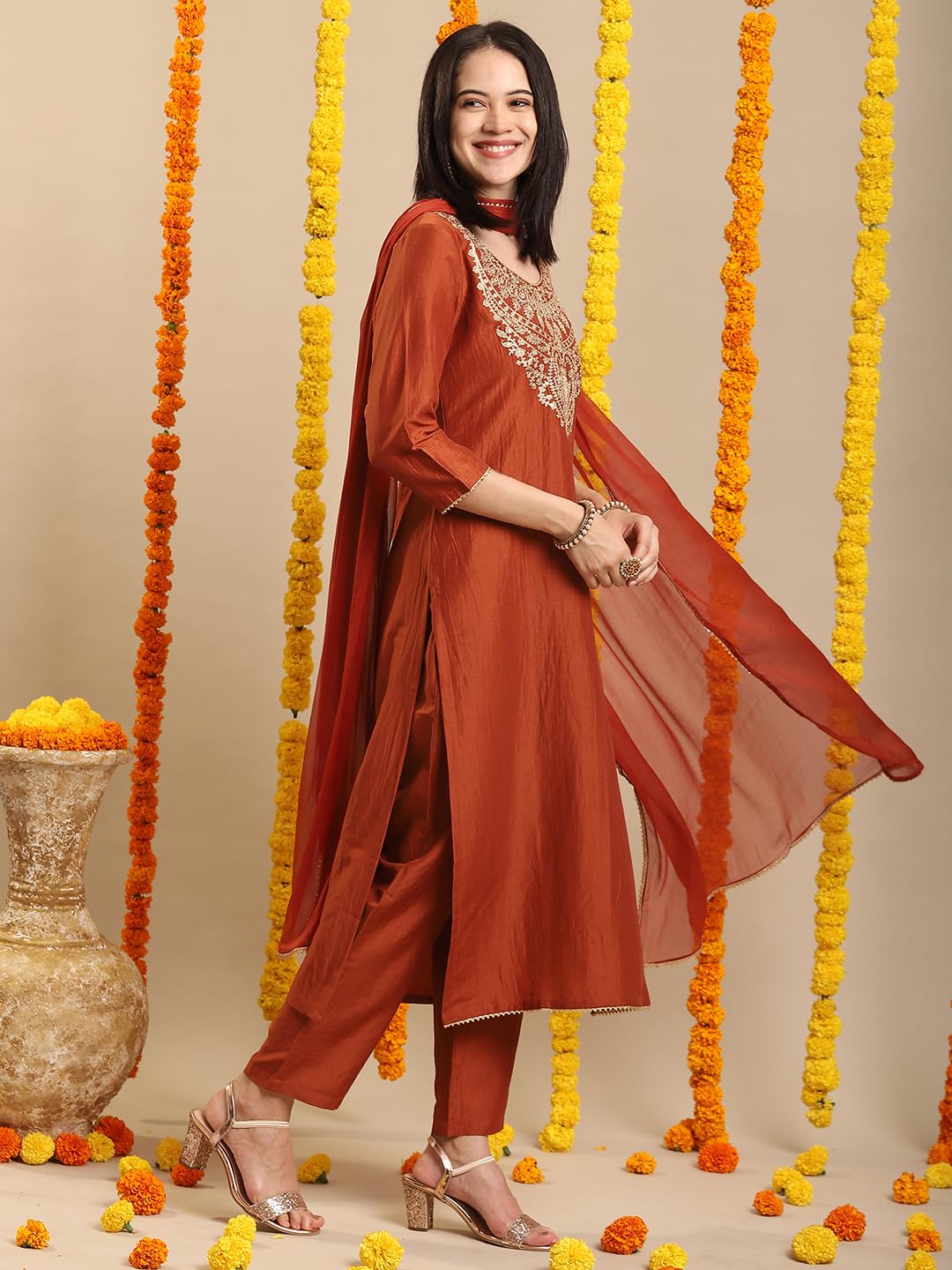 GoSriKi Women's Rayon Viscose Embroidered Straight Kurta with Pant & Dupatta