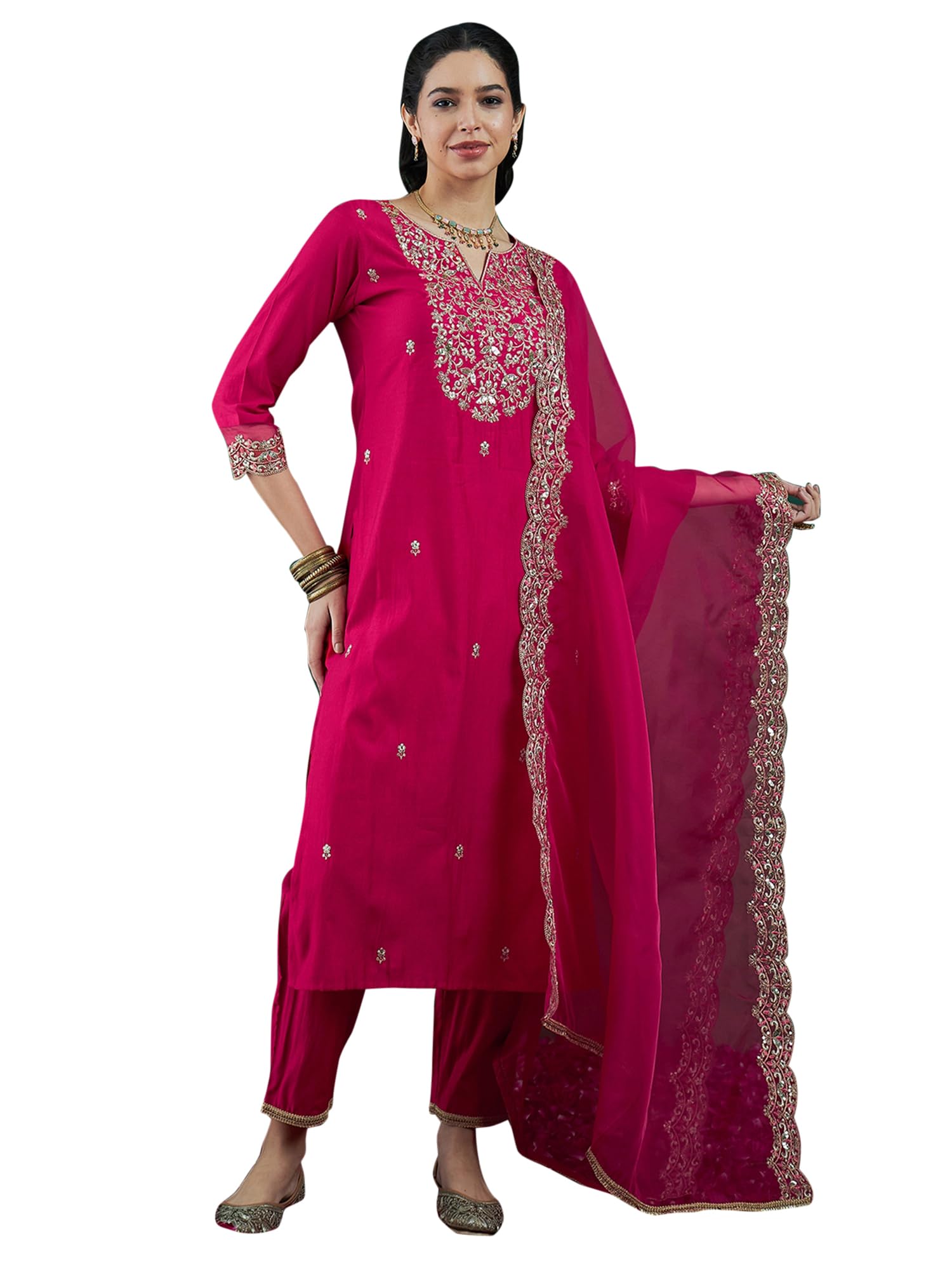 Royal Ethnic | Women's Viscose Embroidered Kurta Pant Dupatta Set | Straight Fit | 3/4 Sleeves | Festive & Elegant Wear - Royal Ethnic