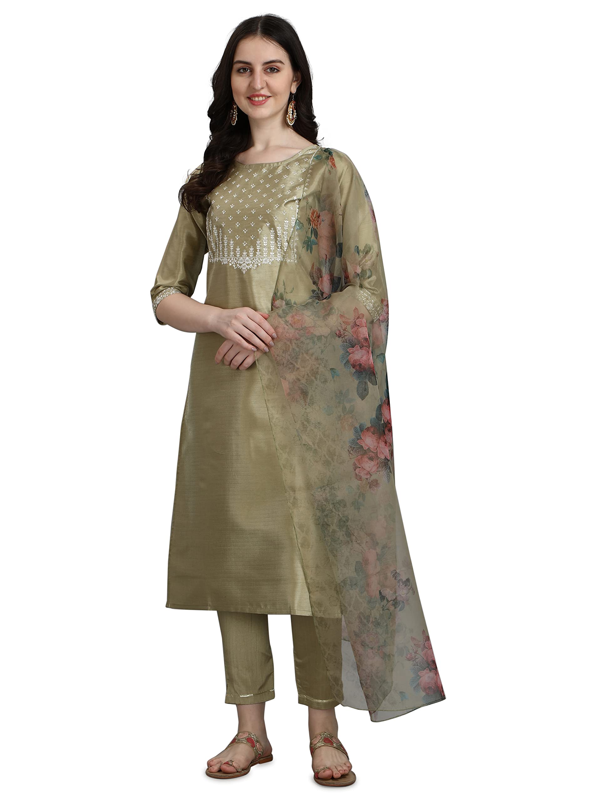 VredeVogel Women's Silk Blend Embroidered Straight Kurta Pant Set with Organza Dupatta