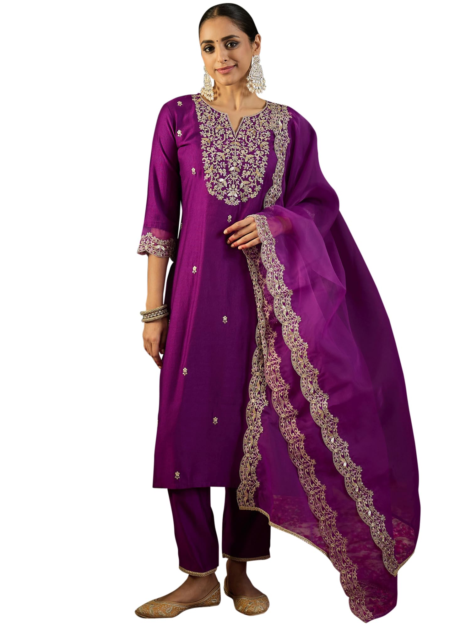 Royal Ethnic | Women's Viscose Embroidered Kurta Pant Dupatta Set | Straight Fit | 3/4 Sleeves | Festive & Elegant Wear - Royal Ethnic