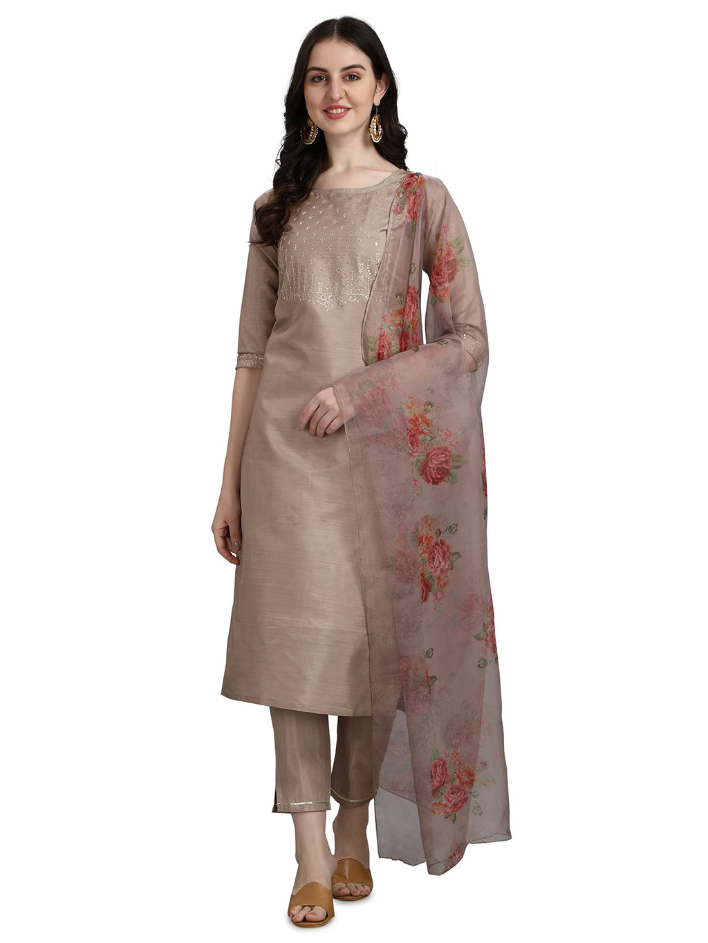 VredeVogel Women's Silk Blend Embroidered Straight Kurta Pant Set with Organza Dupatta