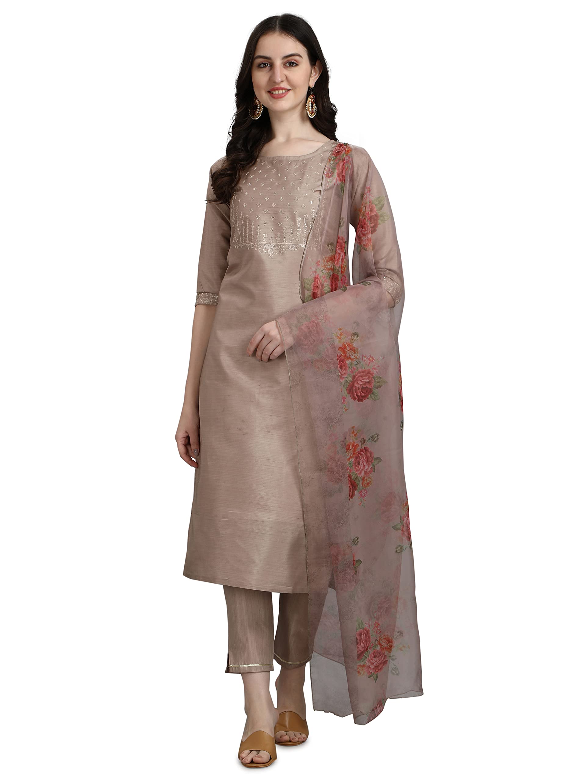 VredeVogel Women's Silk Blend Embroidered Straight Kurta Pant Set with Organza Dupatta