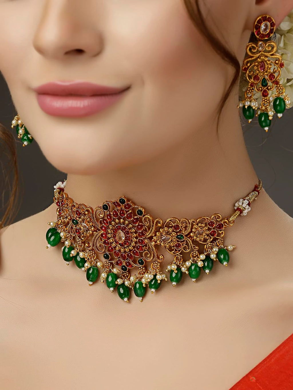 Royal Ethnic | Women's Pearl Choker Temple Necklace Set | 22k Gold Plated | Traditional Festive Wear | Wedding Style - Royal Ethnic