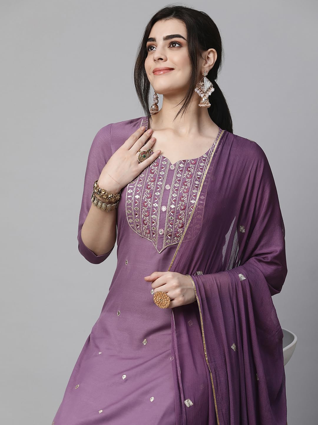 Royal Ethnic Womens Cotton Blend Embroidered Kurta Set with Pant Dupatta Elegants Calf Length Ethnic Outfit Dress - Royal Ethnic