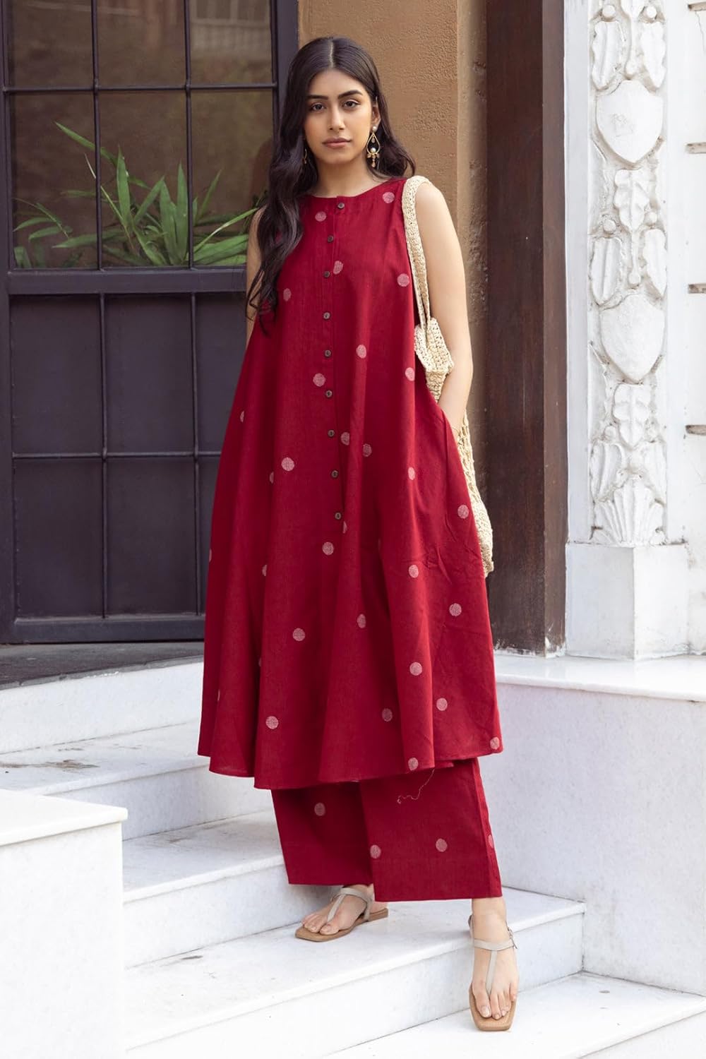 ANNI DESIGNER Women's Pure Cotton Maroon Hand-Print Kurta Set | A-Line Kurta with Palazzo | Co-ord Set for Women | Ethnic & Stylish Two Piece Dress | Casual & Office Wear Coord Set for Women