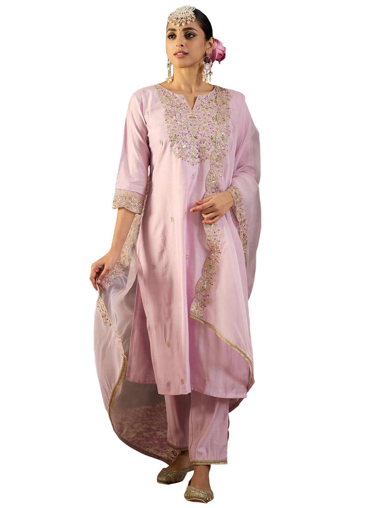 Royal Ethnic | Women's Viscose Embroidered Kurta Pant Dupatta Set | Straight Fit | 3/4 Sleeves | Festive & Elegant Wear - Royal Ethnic
