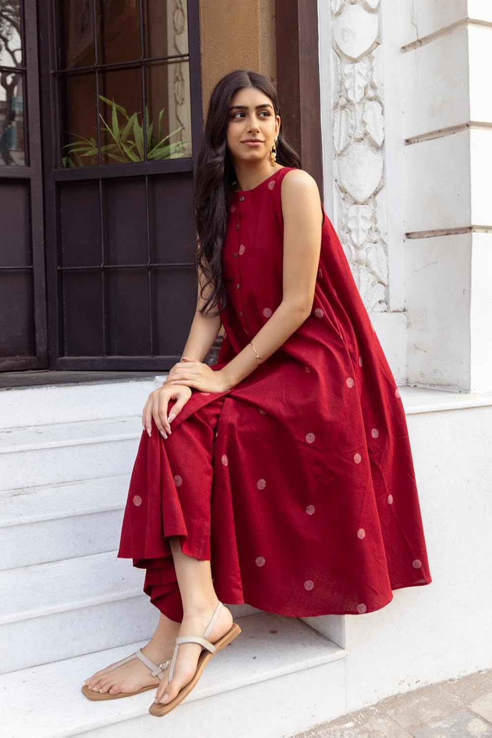 ANNI DESIGNER Women's Pure Cotton Maroon Hand-Print Kurta Set | A-Line Kurta with Palazzo | Co-ord Set for Women | Ethnic & Stylish Two Piece Dress | Casual & Office Wear Coord Set for Women