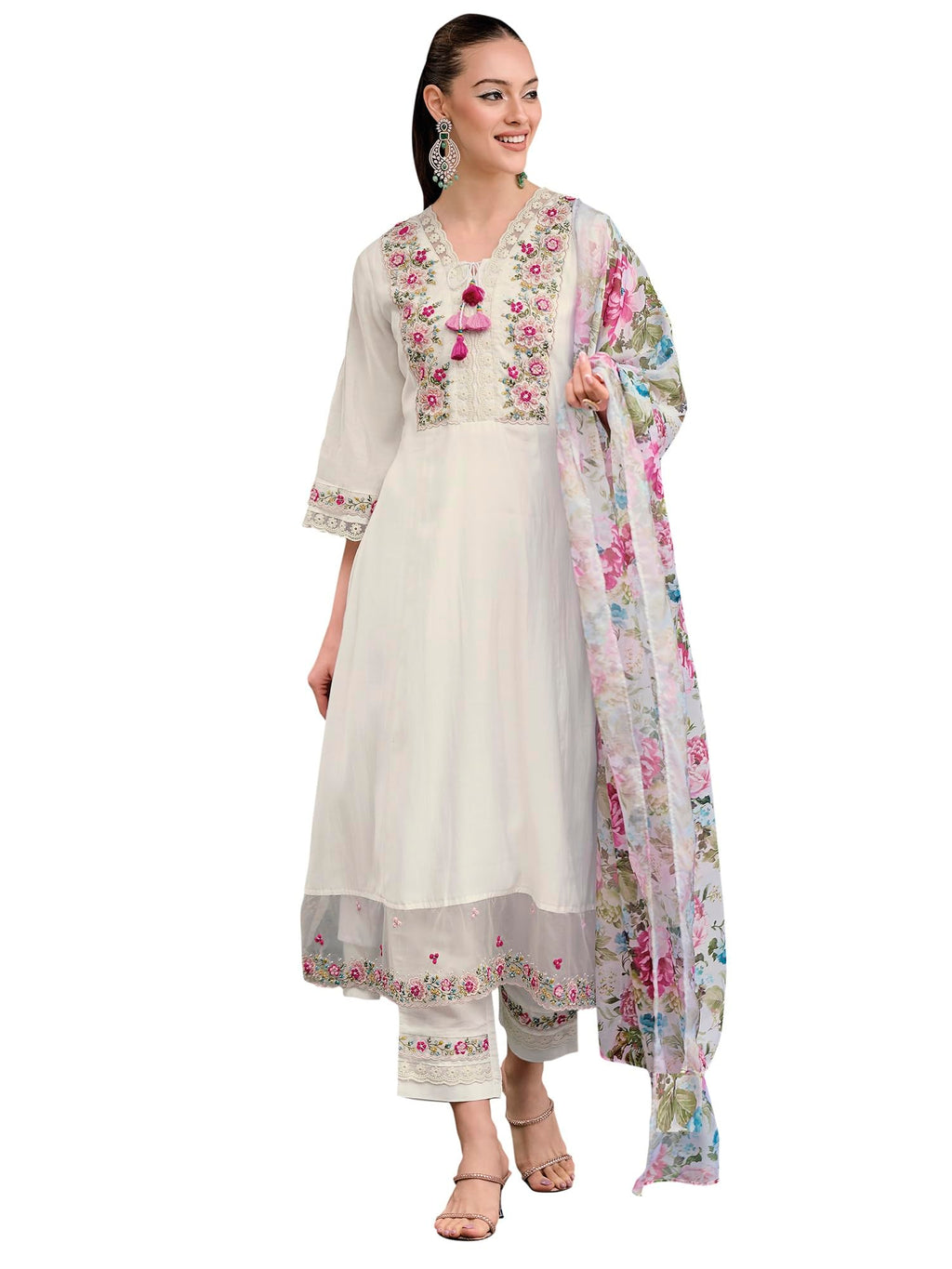 Royal Ethnic Womens Silk Blend Embroidered A Line Kurta Pant with Dupatta Set Stylish Festive Designer Party Wear Outfit - Royal Ethnic