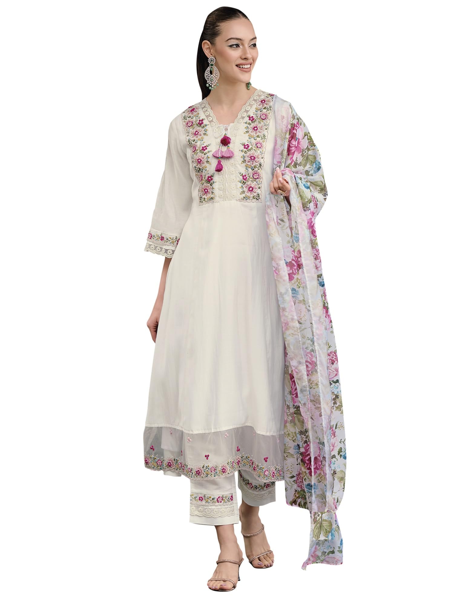 Royal Ethnic Womens Silk Blend Embroidered A Line Kurta Pant with Dupatta Set Stylish Festive Designer Party Wear Outfit - Royal Ethnic