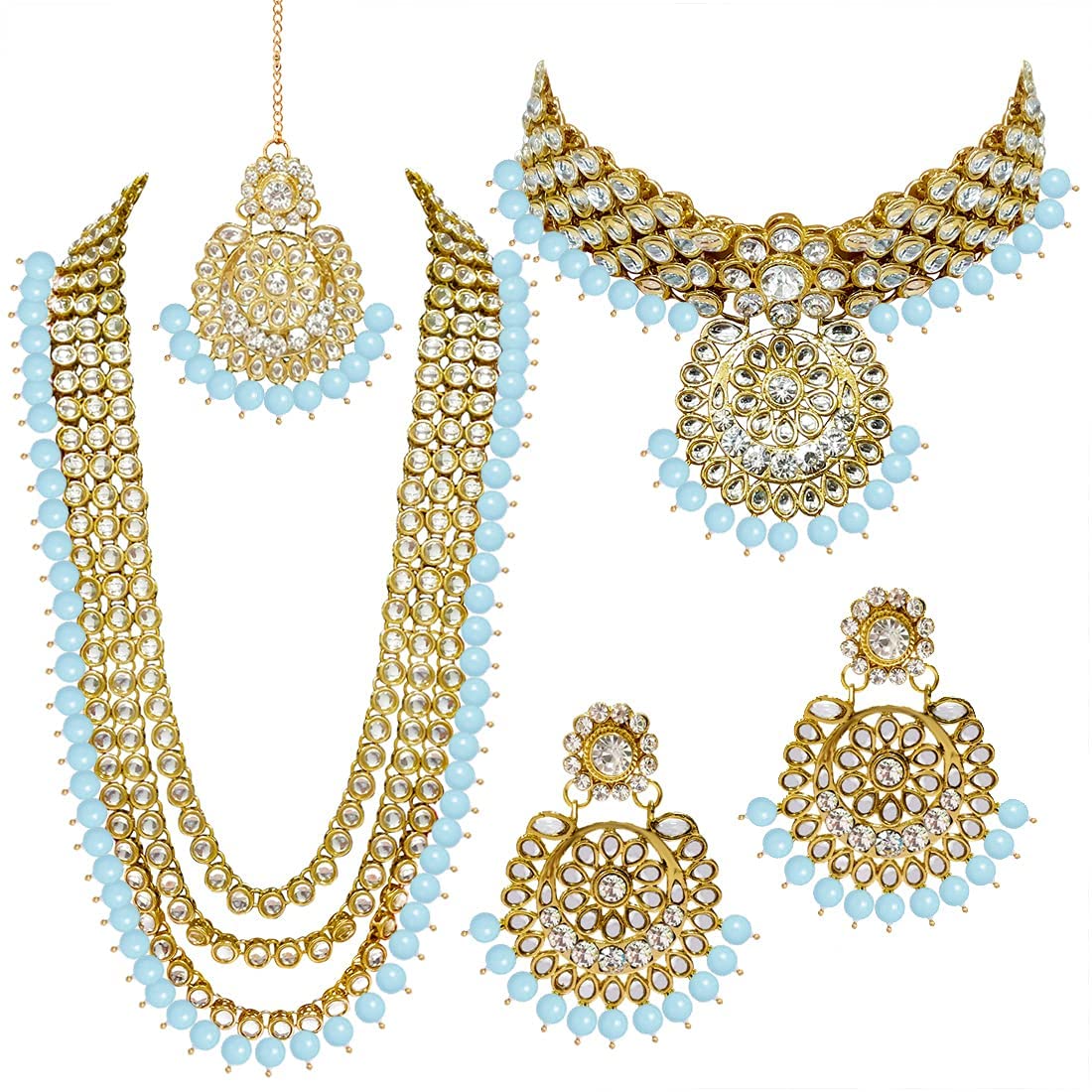 Royal Ethnic Traditional 18K Gold Plated Kundan & Pearl Studded Bridal Choker Necklace Set with Earrings & Maang Tikka - Royal Ethnic