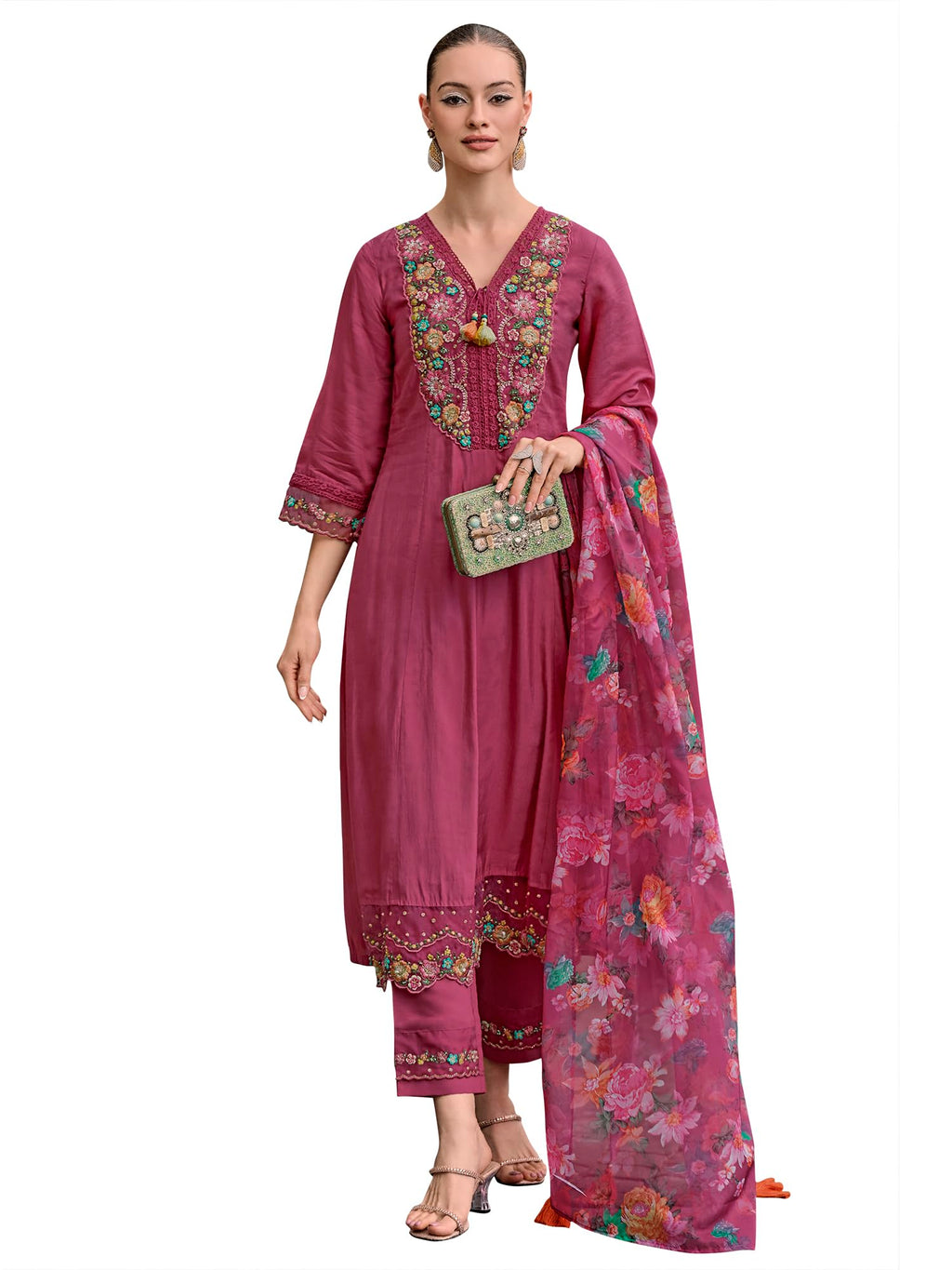 Royal Ethnic Womens Silk Blend Embroidered A Line Kurta Pant with Dupatta Set Stylish Festive Designer Party Wear Outfit - Royal Ethnic