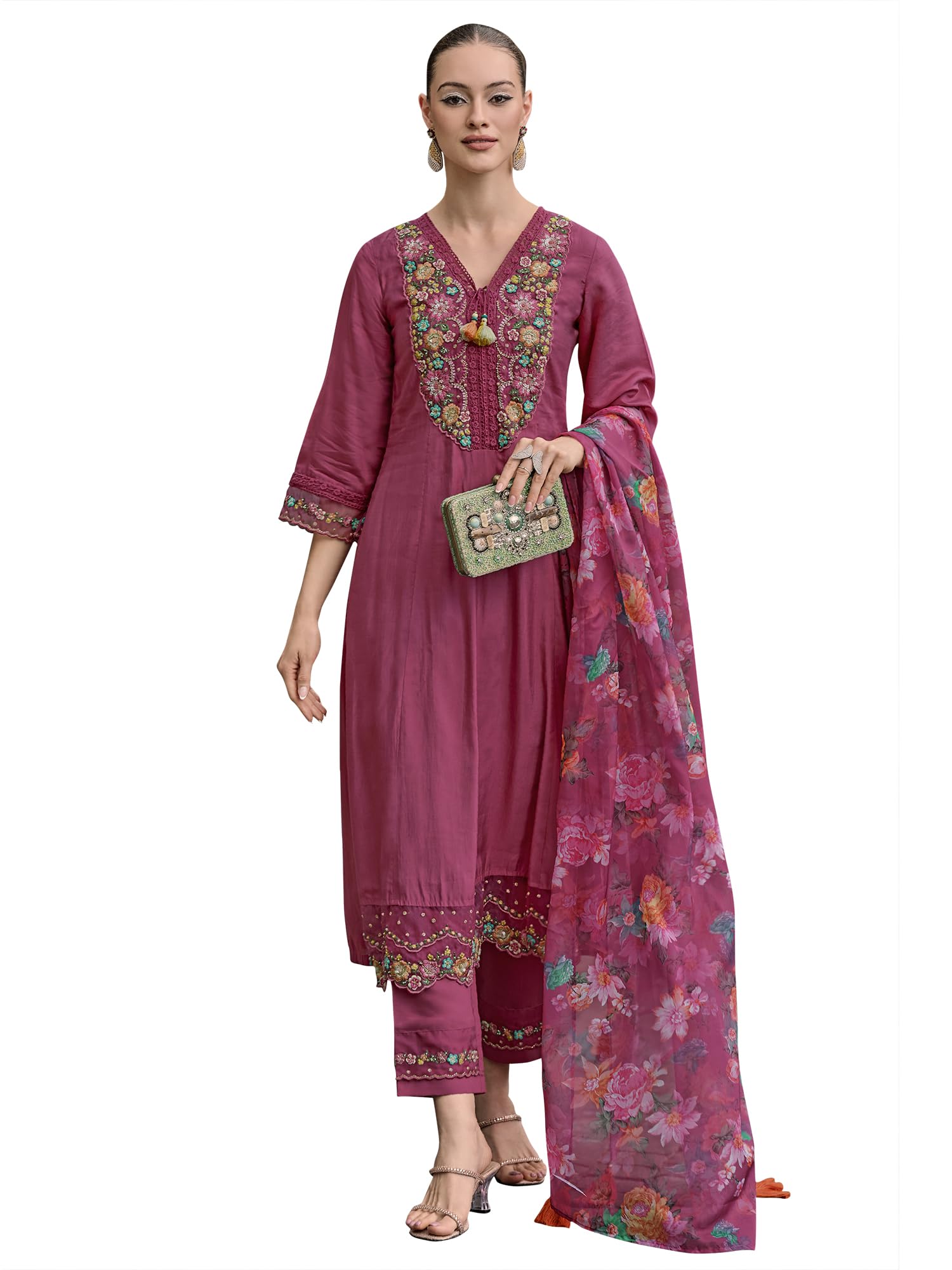 Royal Ethnic Womens Silk Blend Embroidered A Line Kurta Pant with Dupatta Set Stylish Festive Designer Party Wear Outfit - Royal Ethnic