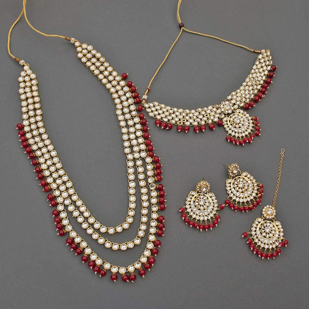 Royal Ethnic Traditional 18K Gold Plated Kundan & Pearl Studded Bridal Choker Necklace Set with Earrings & Maang Tikka - Royal Ethnic