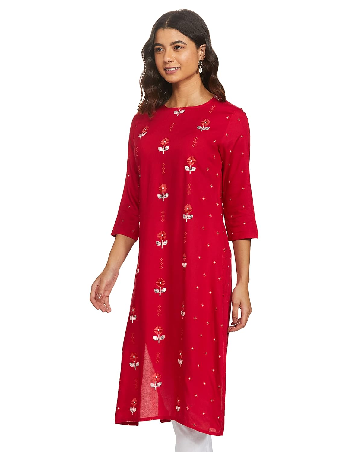 Max Women's Rayon Straight Fit Straight Printed Three-Quarter Sleeves Kurta