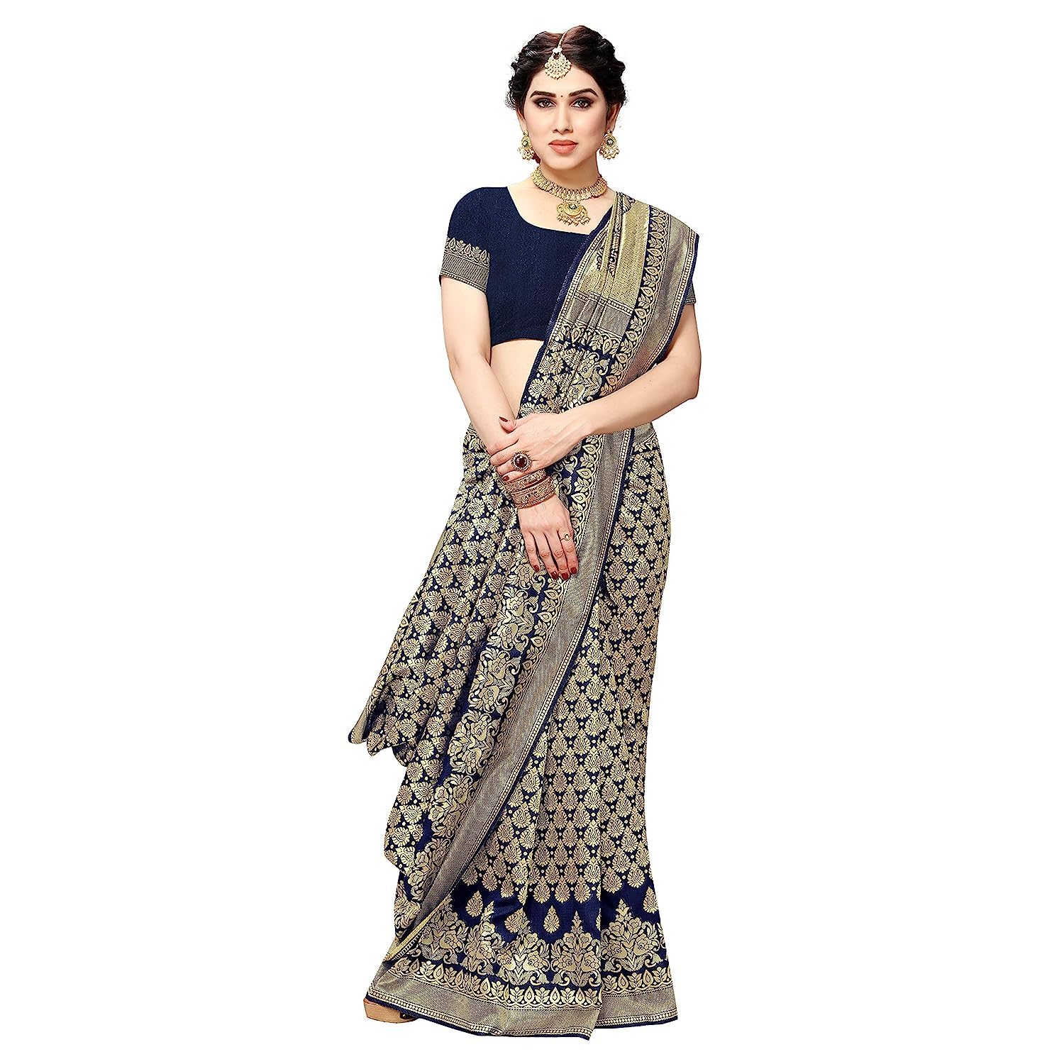 Royal Ethnic | Women's Banarasi Kanjivaram Art Silk Saree | Navy Blue | 5.25m Saree + 0.75m Blouse | Festive Elegance - Royal Ethnic