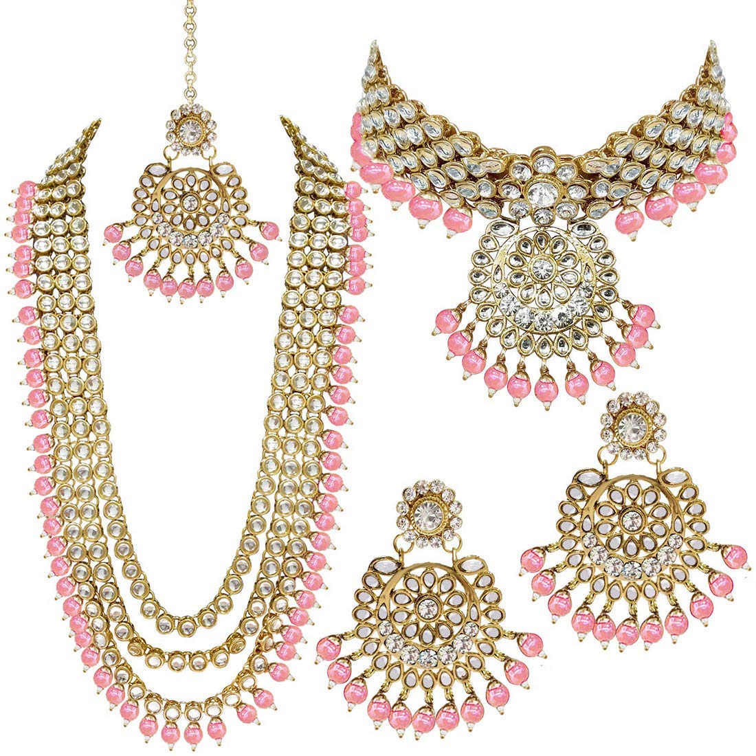 Royal Ethnic Traditional 18K Gold Plated Kundan & Pearl Studded Bridal Choker Necklace Set with Earrings & Maang Tikka - Royal Ethnic