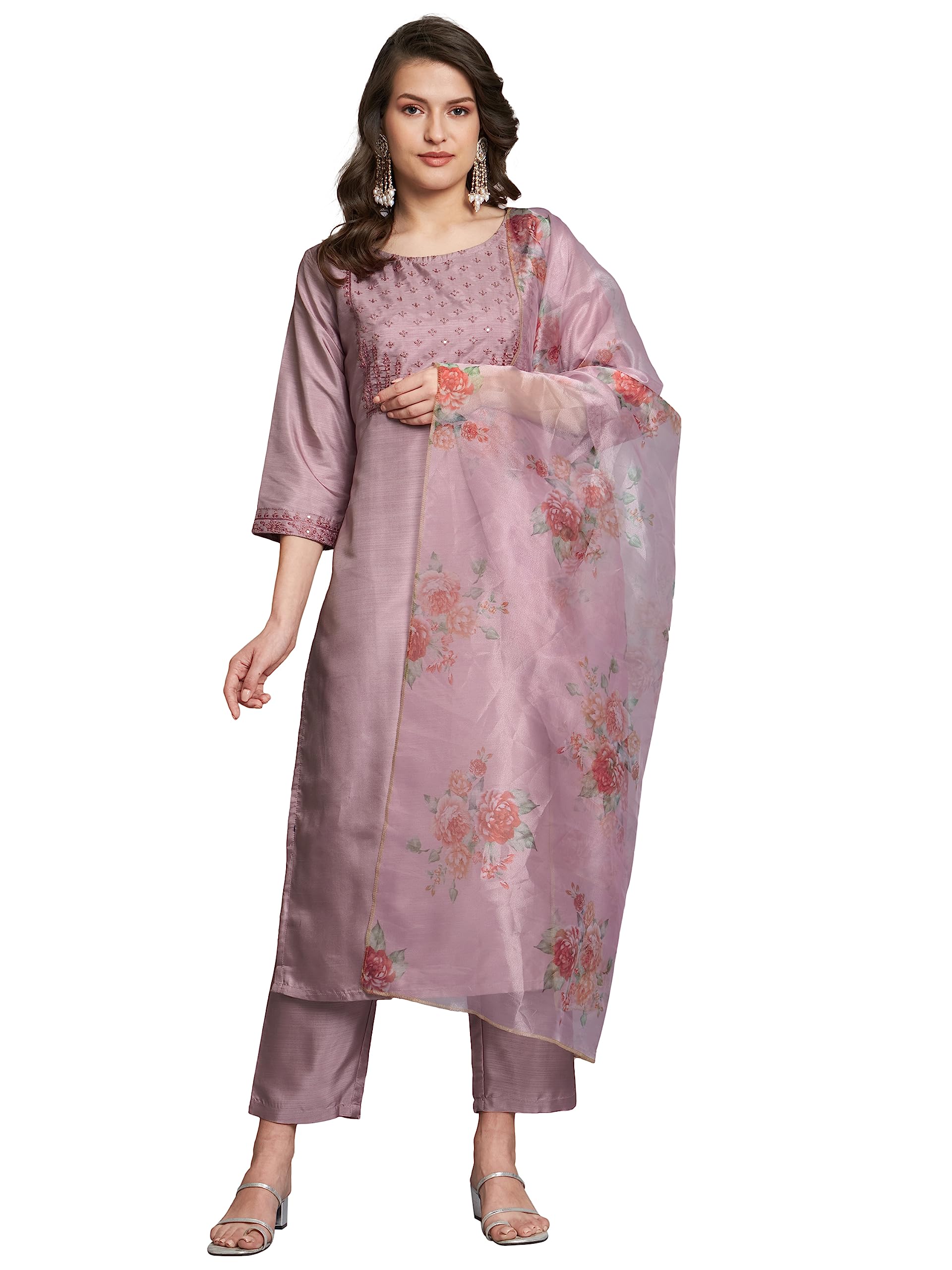 VredeVogel Women's Silk Blend Embroidered Straight Kurta Pant Set with Organza Dupatta