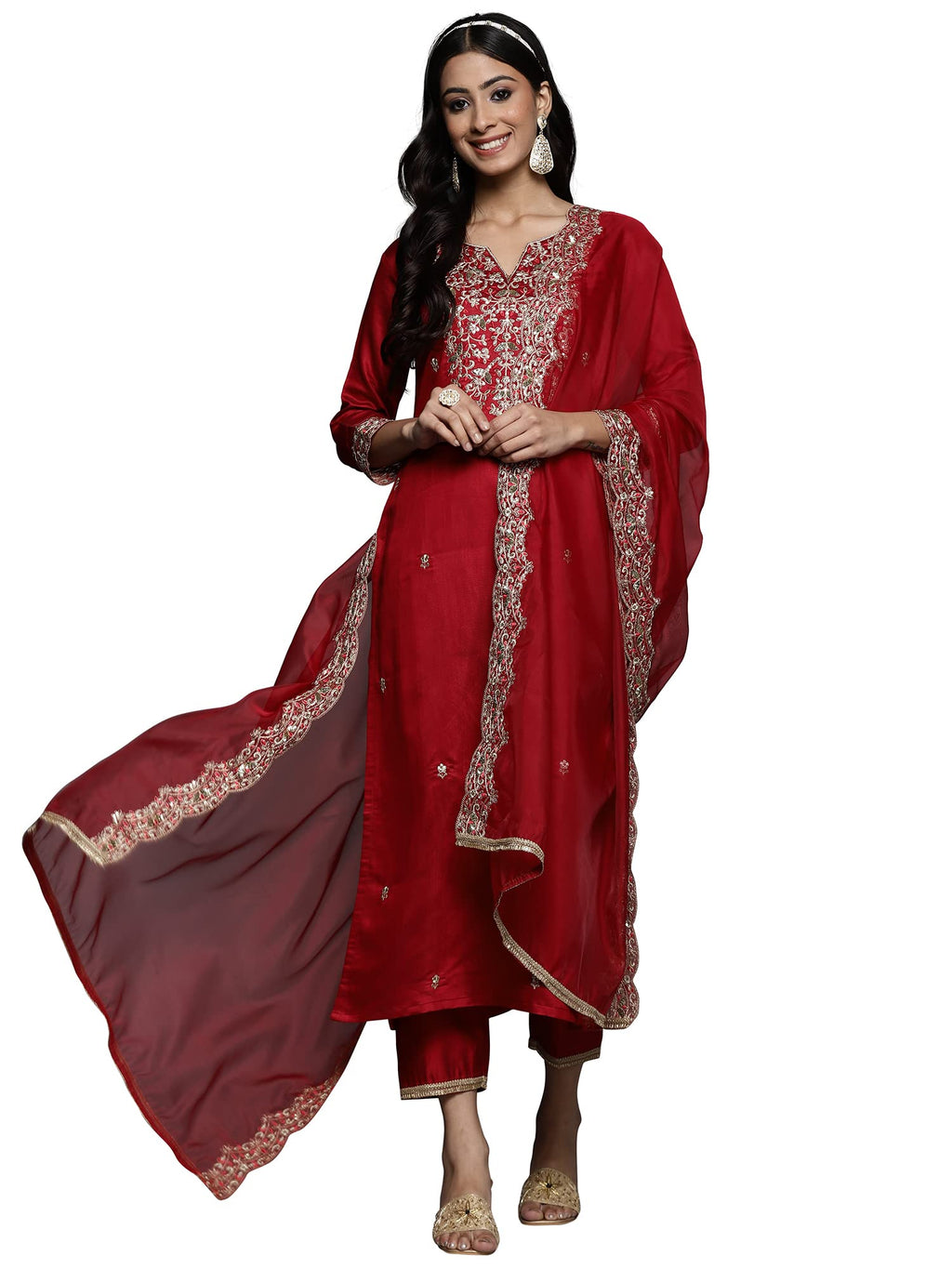 Royal Ethnic | Women's Viscose Embroidered Kurta Pant Dupatta Set | Straight Fit | 3/4 Sleeves | Festive & Elegant Wear - Royal Ethnic