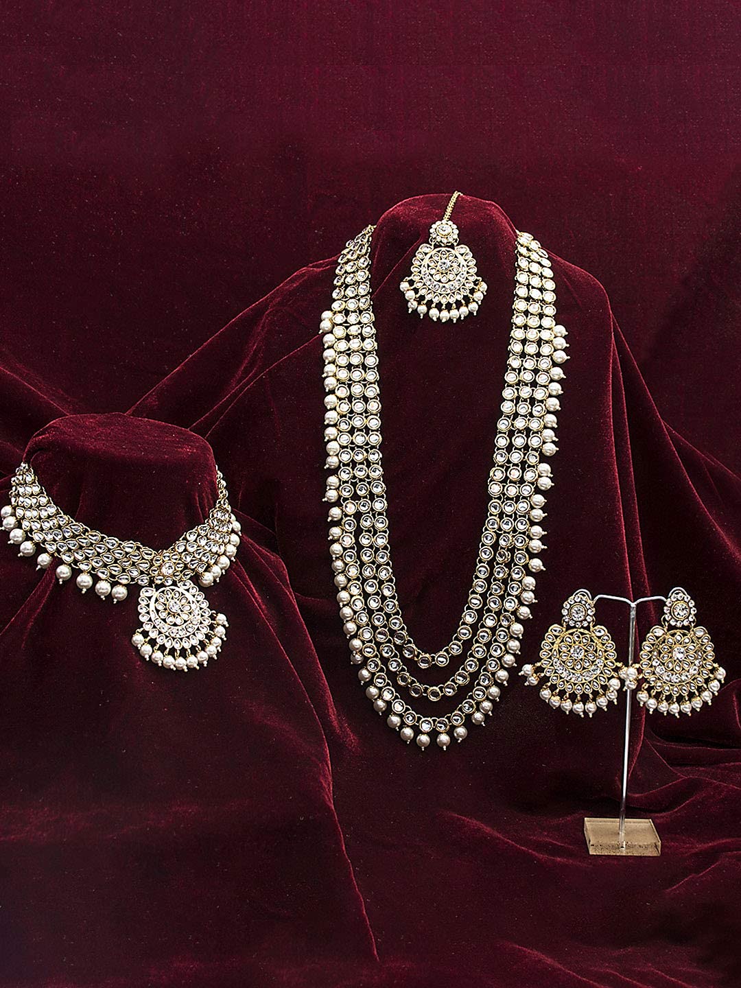Royal Ethnic Traditional 18K Gold Plated Kundan & Pearl Studded Bridal Choker Necklace Set with Earrings & Maang Tikka - Royal Ethnic