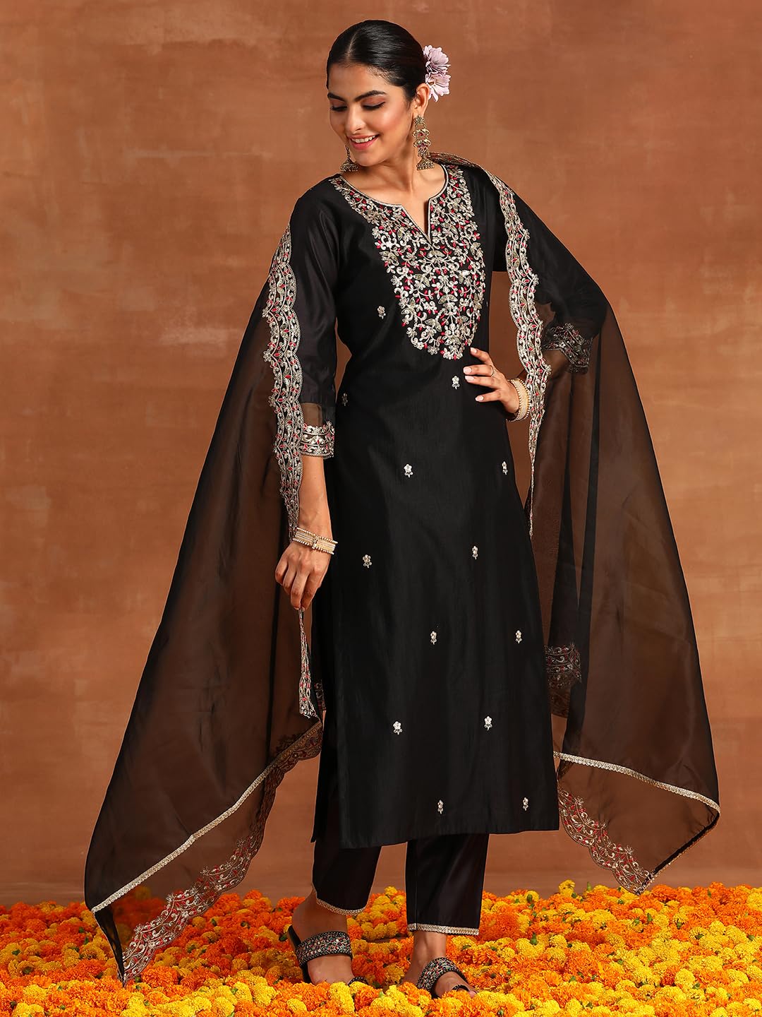 Royal Ethnic | Women's Viscose Embroidered Kurta Pant Dupatta Set | Straight Fit | 3/4 Sleeves | Festive & Elegant Wear - Royal Ethnic