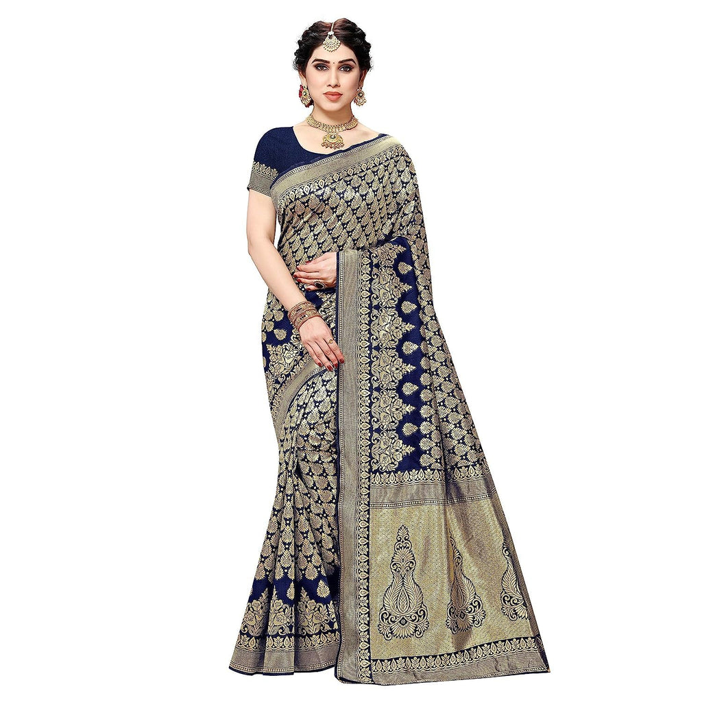 Royal Ethnic | Women's Banarasi Kanjivaram Art Silk Saree | Navy Blue | 5.25m Saree + 0.75m Blouse | Festive Elegance - Royal Ethnic