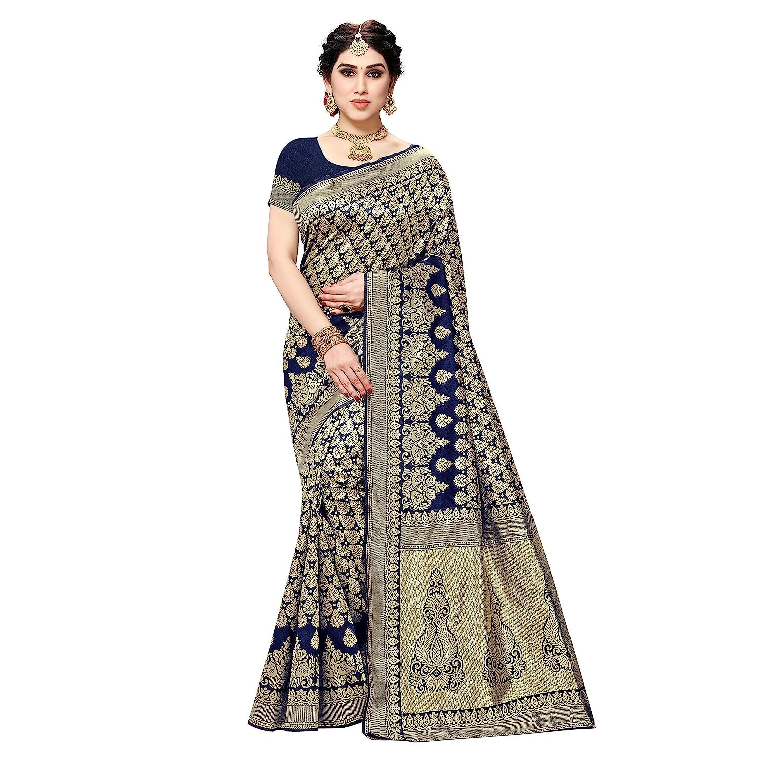 Royal Ethnic | Women's Banarasi Kanjivaram Art Silk Saree | Navy Blue | 5.25m Saree + 0.75m Blouse | Festive Elegance - Royal Ethnic