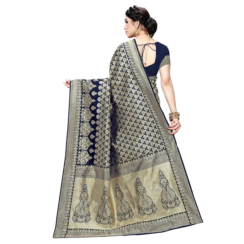 Royal Ethnic | Women's Banarasi Kanjivaram Art Silk Saree | Navy Blue | 5.25m Saree + 0.75m Blouse | Festive Elegance - Royal Ethnic