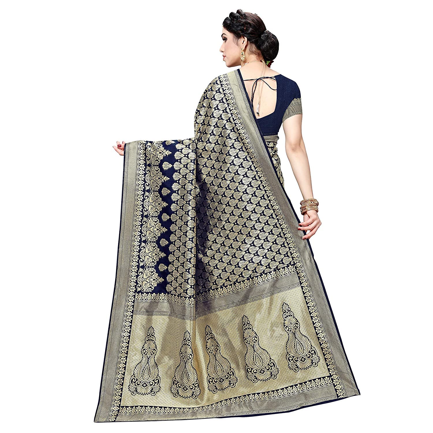 Royal Ethnic | Women's Banarasi Kanjivaram Art Silk Saree | Navy Blue | 5.25m Saree + 0.75m Blouse | Festive Elegance - Royal Ethnic