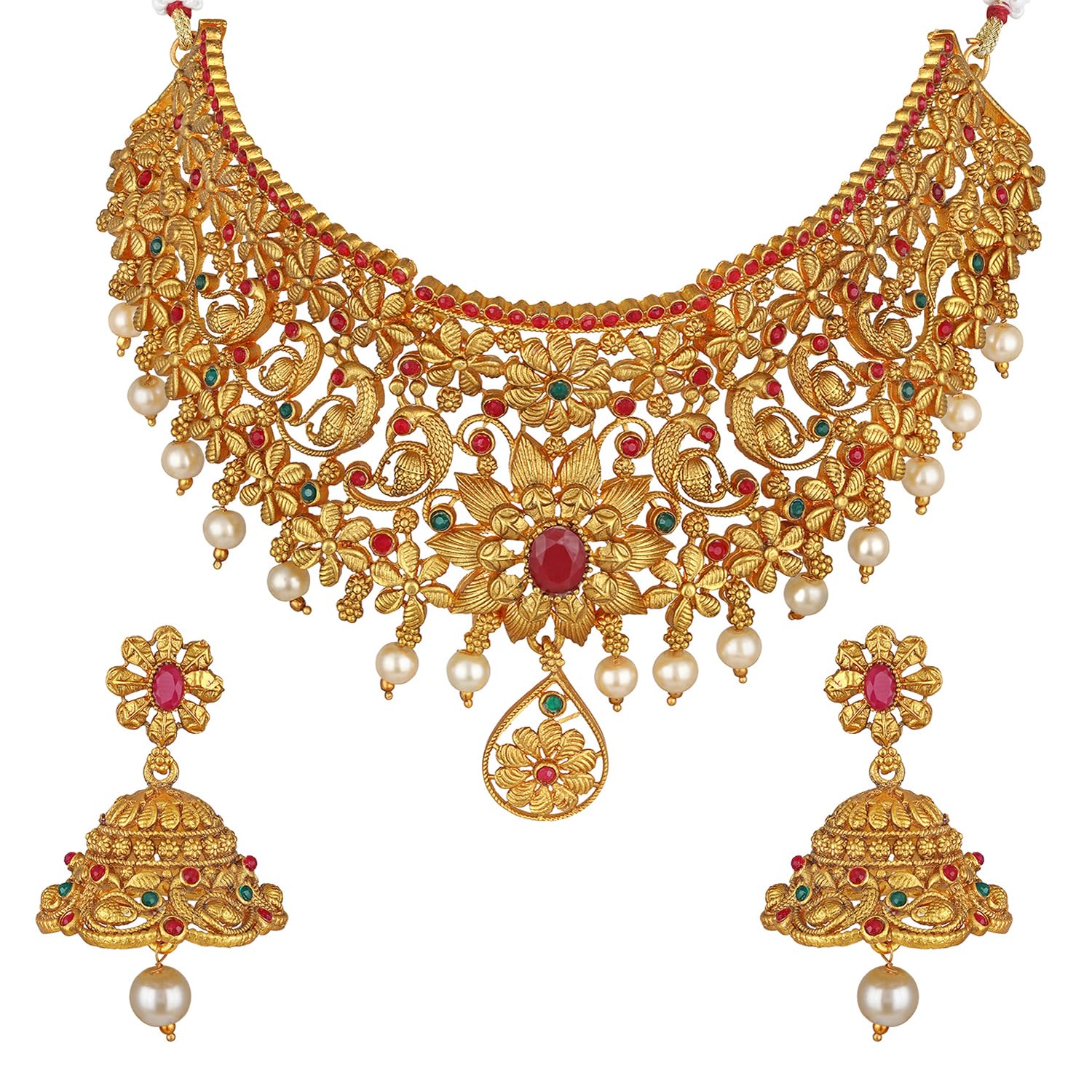 Royal Ethnic | Women's Pearl Choker Temple Necklace Set | 22k Gold Plated | Traditional Festive Wear | Wedding Style - Royal Ethnic