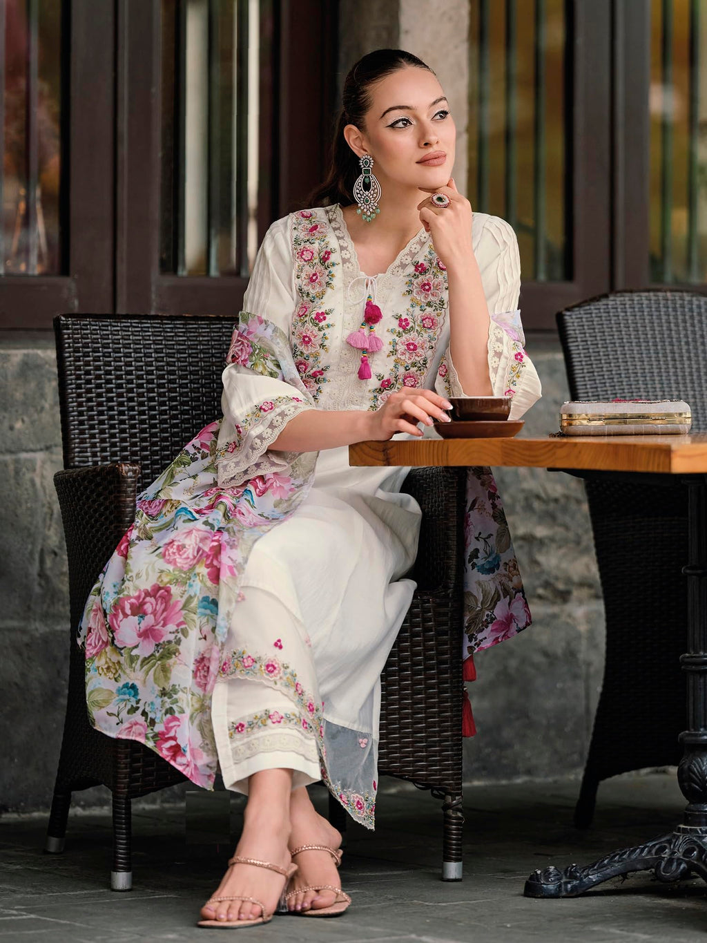 Royal Ethnic Womens Silk Blend Embroidered A Line Kurta Pant with Dupatta Set Stylish Festive Designer Party Wear Outfit - Royal Ethnic