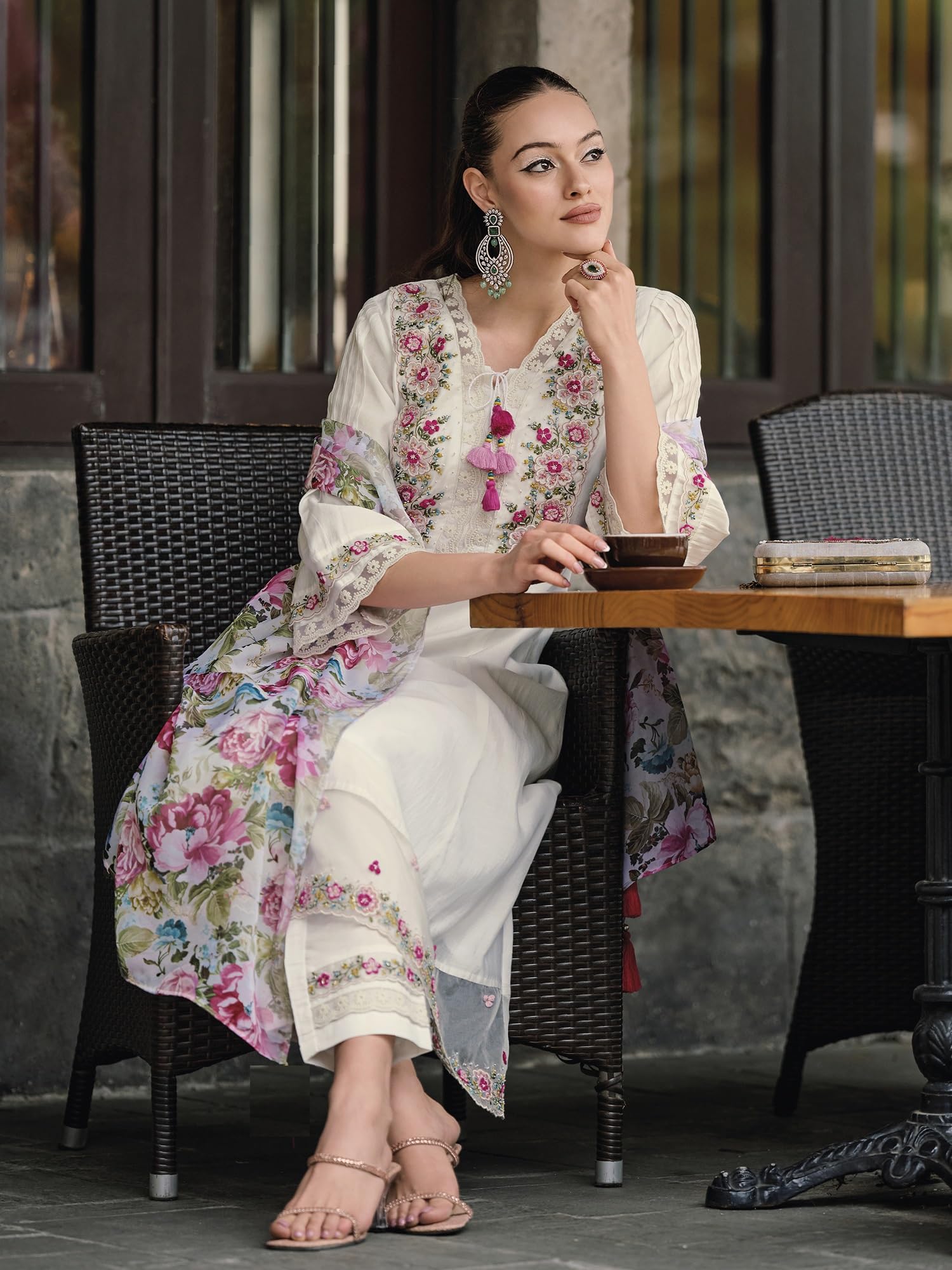 Royal Ethnic Womens Silk Blend Embroidered A Line Kurta Pant with Dupatta Set Stylish Festive Designer Party Wear Outfit - Royal Ethnic