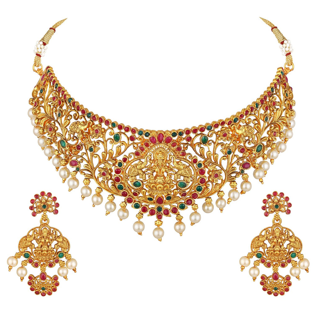 Royal Ethnic | Women's Pearl Choker Temple Necklace Set | 22k Gold Plated | Traditional Festive Wear | Wedding Style - Royal Ethnic