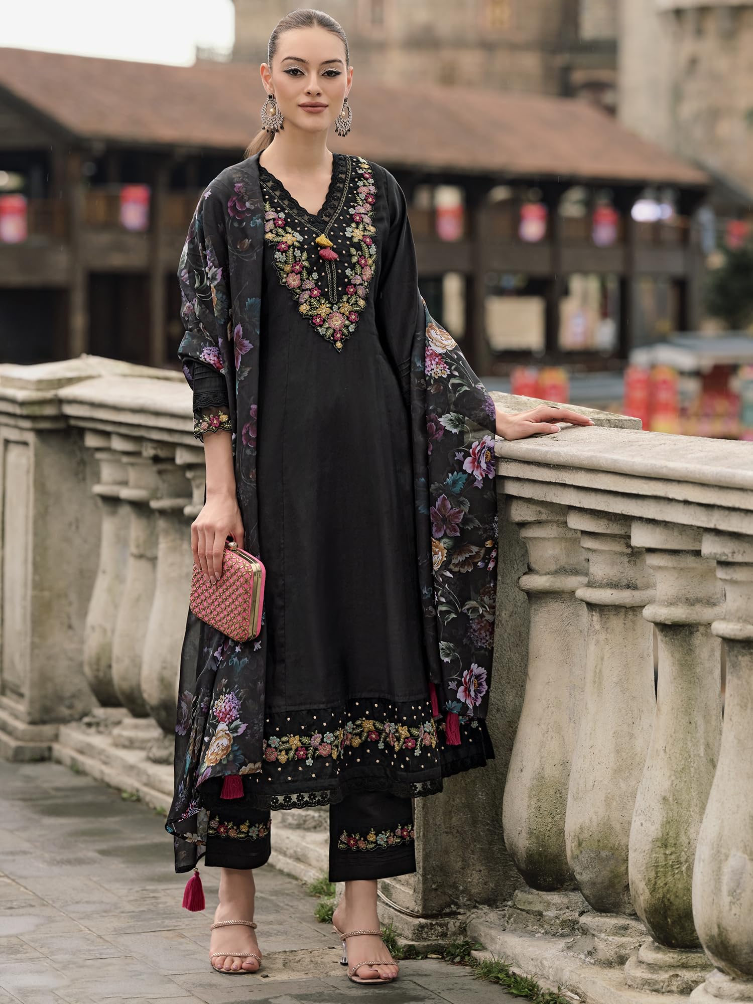 Royal Ethnic Womens Silk Blend Embroidered A Line Kurta Pant with Dupatta Set Stylish Festive Designer Party Wear Outfit - Royal Ethnic