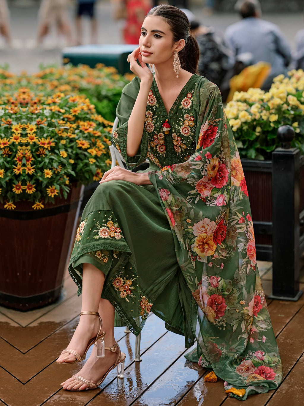 Royal Ethnic Womens Silk Blend Embroidered A Line Kurta Pant with Dupatta Set Stylish Festive Designer Party Wear Outfit - Royal Ethnic