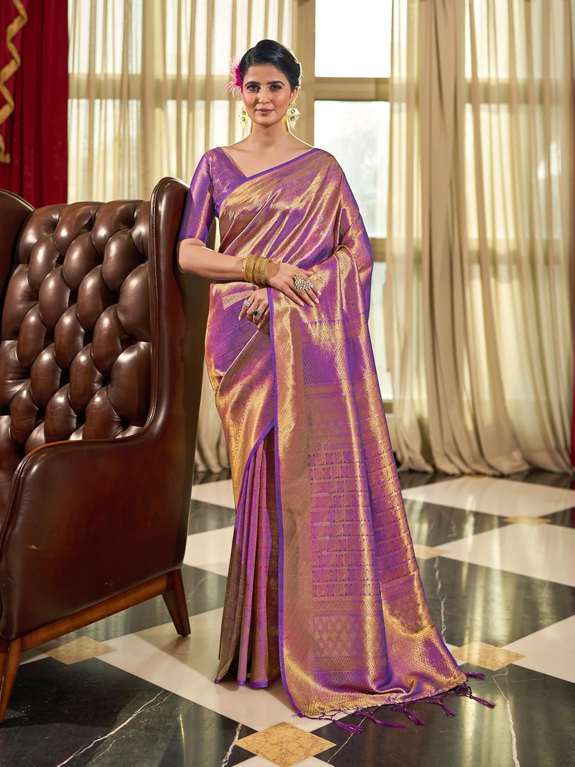 Royal Ethnic Womens Kanjivaram Banarasi Silk Saree Kanchipuram Patola Saree with Blouse Piece | Elegant Designer Traditional Wear - Royal Ethnic