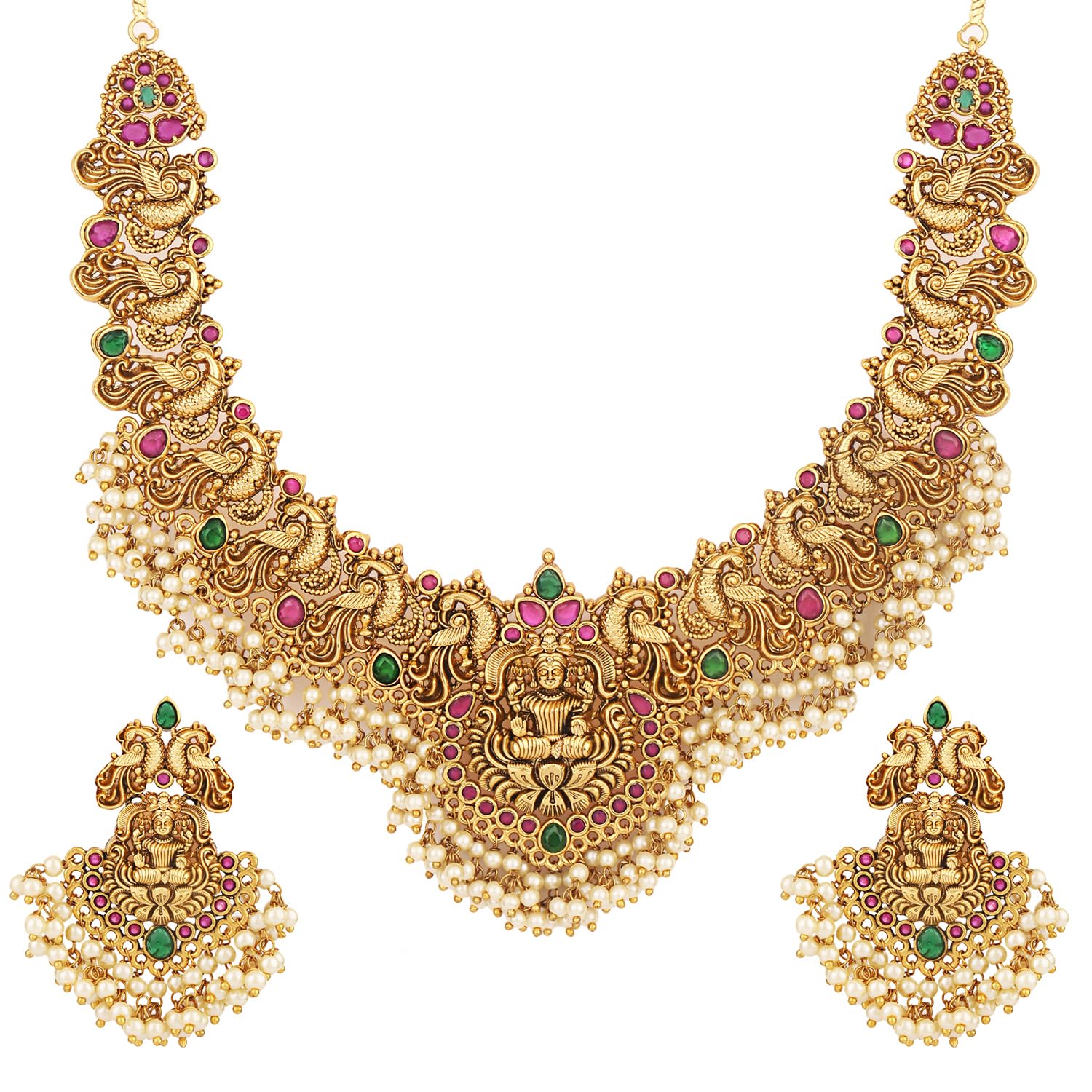 Royal Ethnic | Women's Pearl Choker Temple Necklace Set | 22k Gold Plated | Traditional Festive Wear | Wedding Style - Royal Ethnic