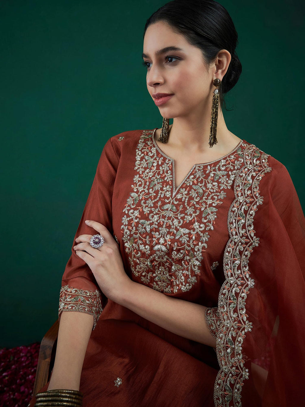 Royal Ethnic | Women's Viscose Embroidered Kurta Pant Dupatta Set | Straight Fit | 3/4 Sleeves | Festive & Elegant Wear - Royal Ethnic