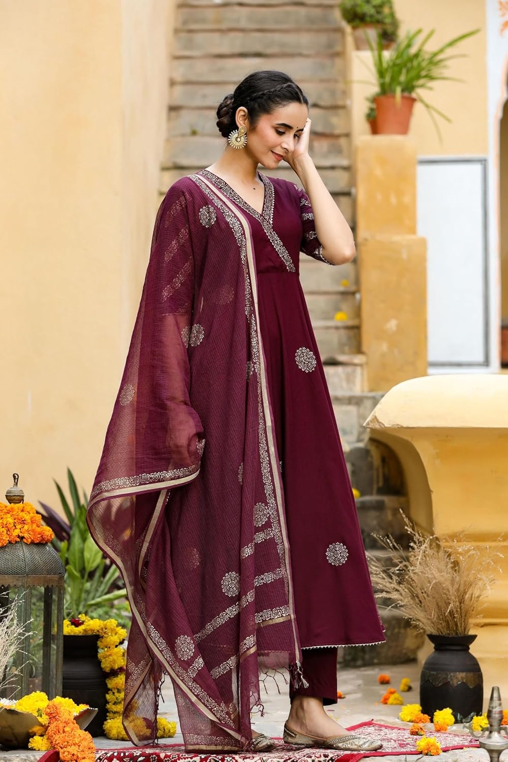 GoSriKi Women’s Elegant Wine Anarkali Kurta Set with Dupatta | Printed Traditional Soft Rayon Fabric