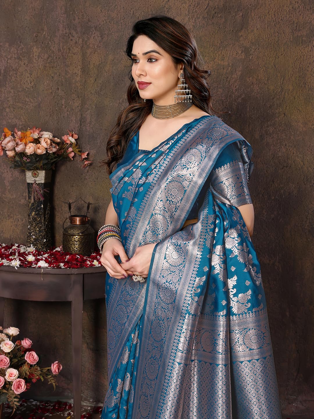 Royal Ethnic | Women's Banarasi Kanjivaram Cotton Silk Saree | 5.5m Saree + 0.8m Blouse | Traditional | Festive Elegance - Royal Ethnic