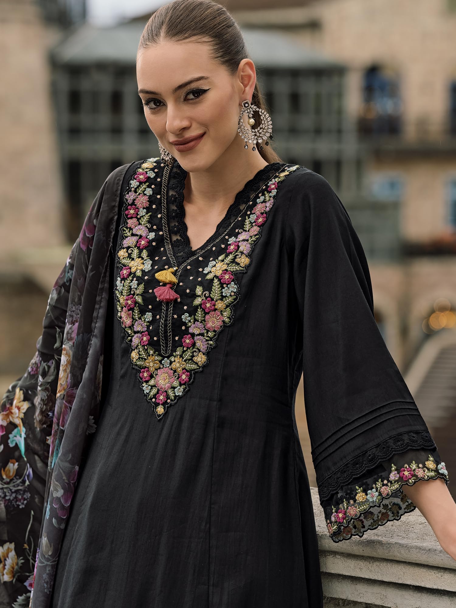 Royal Ethnic Womens Silk Blend Embroidered A Line Kurta Pant with Dupatta Set Stylish Festive Designer Party Wear Outfit - Royal Ethnic