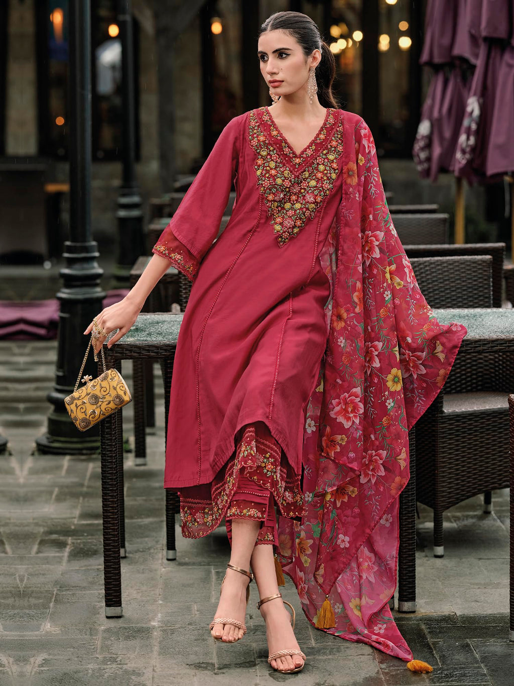 Royal Ethnic Womens Silk Blend Embroidered A Line Kurta Pant with Dupatta Set Stylish Festive Designer Party Wear Outfit - Royal Ethnic