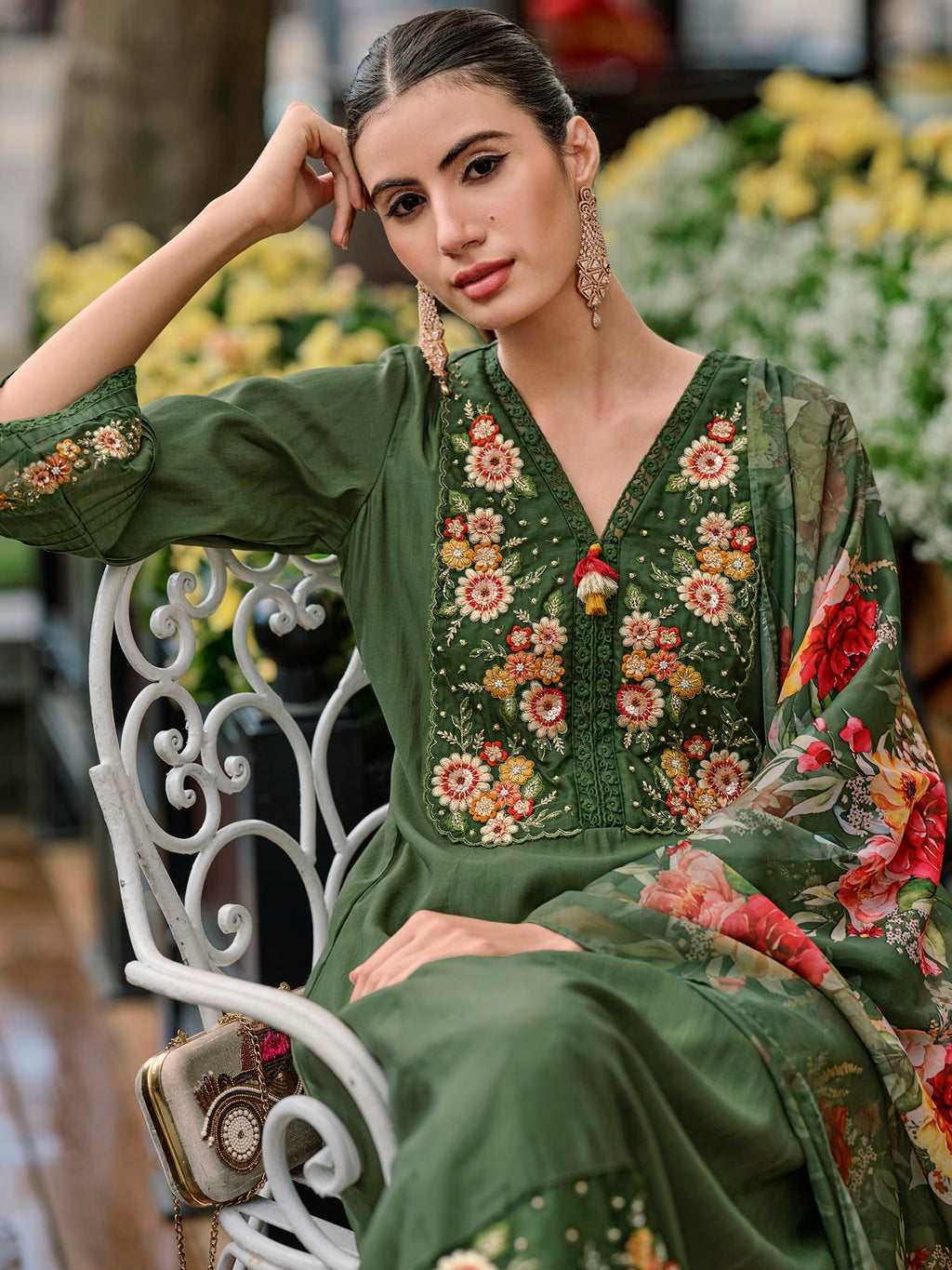 Royal Ethnic Womens Silk Blend Embroidered A Line Kurta Pant with Dupatta Set Stylish Festive Designer Party Wear Outfit - Royal Ethnic